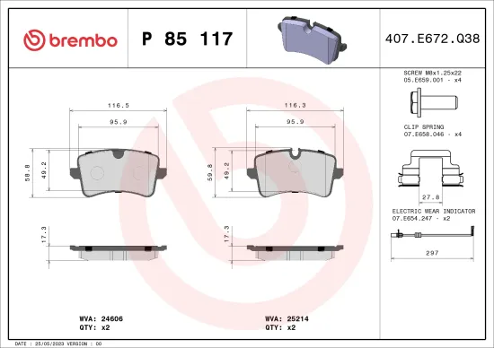 Bremsbelagsatz, Scheibenbremse Hinterachse BREMBO P 85 117 Bild Bremsbelagsatz, Scheibenbremse Hinterachse BREMBO P 85 117