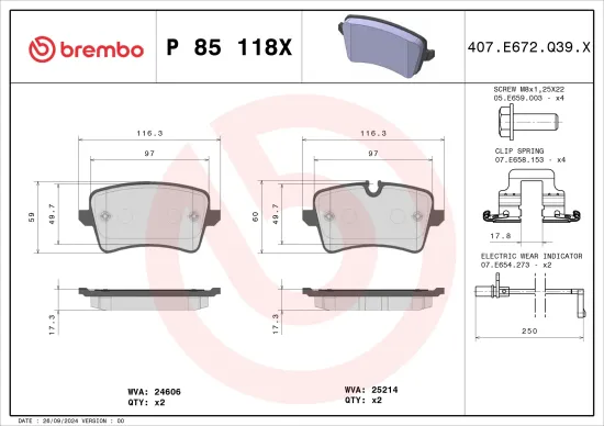 Bremsbelagsatz, Scheibenbremse Hinterachse BREMBO P 85 118X Bild Bremsbelagsatz, Scheibenbremse Hinterachse BREMBO P 85 118X