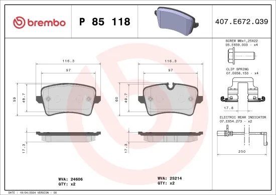 Bremsbelagsatz, Scheibenbremse Hinterachse BREMBO P 85 118 Bild Bremsbelagsatz, Scheibenbremse Hinterachse BREMBO P 85 118