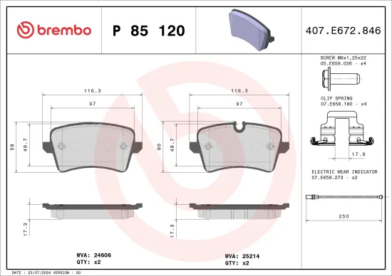 Bremsbelagsatz, Scheibenbremse Hinterachse BREMBO P 85 120 Bild Bremsbelagsatz, Scheibenbremse Hinterachse BREMBO P 85 120