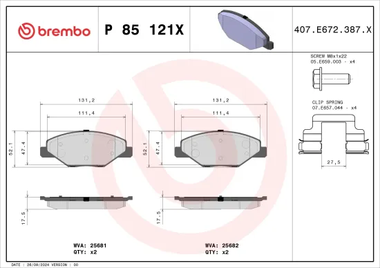 Bremsbelagsatz, Scheibenbremse BREMBO P 85 121X Bild Bremsbelagsatz, Scheibenbremse BREMBO P 85 121X