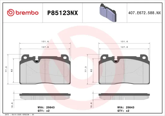 Bremsbelagsatz, Scheibenbremse Vorderachse BREMBO P85123NX Bild Bremsbelagsatz, Scheibenbremse Vorderachse BREMBO P85123NX