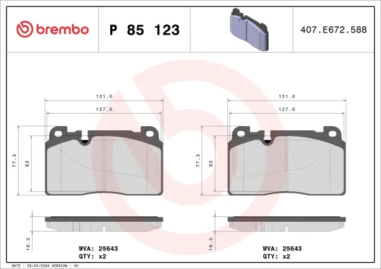 Bremsbelagsatz, Scheibenbremse Vorderachse BREMBO P 85 123 Bild Bremsbelagsatz, Scheibenbremse Vorderachse BREMBO P 85 123