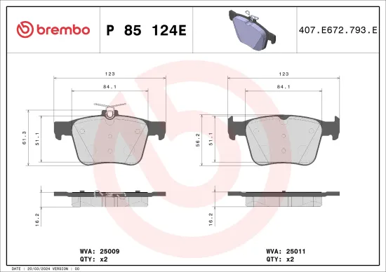 Bremsbelagsatz, Scheibenbremse Hinterachse BREMBO P 85 124E Bild Bremsbelagsatz, Scheibenbremse Hinterachse BREMBO P 85 124E