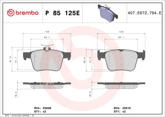 Bremsbelagsatz, Scheibenbremse Hinterachse BREMBO P 85 125E Bild Bremsbelagsatz, Scheibenbremse Hinterachse BREMBO P 85 125E