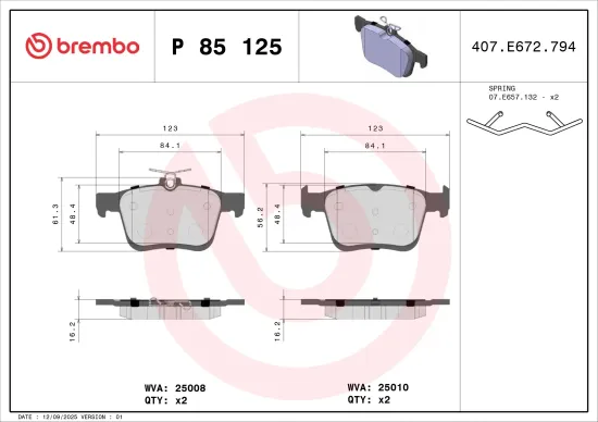 Bremsbelagsatz, Scheibenbremse BREMBO P 85 125 Bild Bremsbelagsatz, Scheibenbremse BREMBO P 85 125