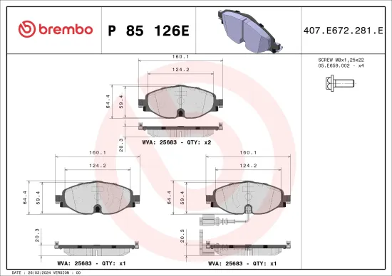 Bremsbelagsatz, Scheibenbremse Vorderachse BREMBO P 85 126E Bild Bremsbelagsatz, Scheibenbremse Vorderachse BREMBO P 85 126E