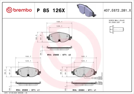 Bremsbelagsatz, Scheibenbremse BREMBO P 85 126X Bild Bremsbelagsatz, Scheibenbremse BREMBO P 85 126X
