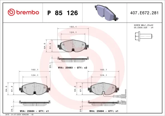 Bremsbelagsatz, Scheibenbremse BREMBO P 85 126 Bild Bremsbelagsatz, Scheibenbremse BREMBO P 85 126