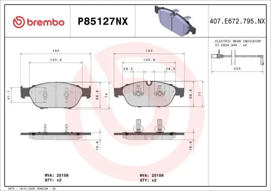 Bremsbelagsatz, Scheibenbremse Vorderachse BREMBO P85127NX Bild Bremsbelagsatz, Scheibenbremse Vorderachse BREMBO P85127NX