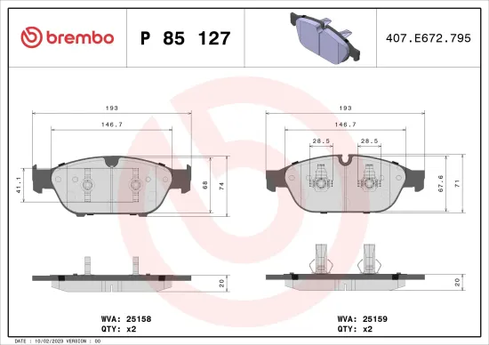 Bremsbelagsatz, Scheibenbremse Vorderachse BREMBO P 85 127 Bild Bremsbelagsatz, Scheibenbremse Vorderachse BREMBO P 85 127