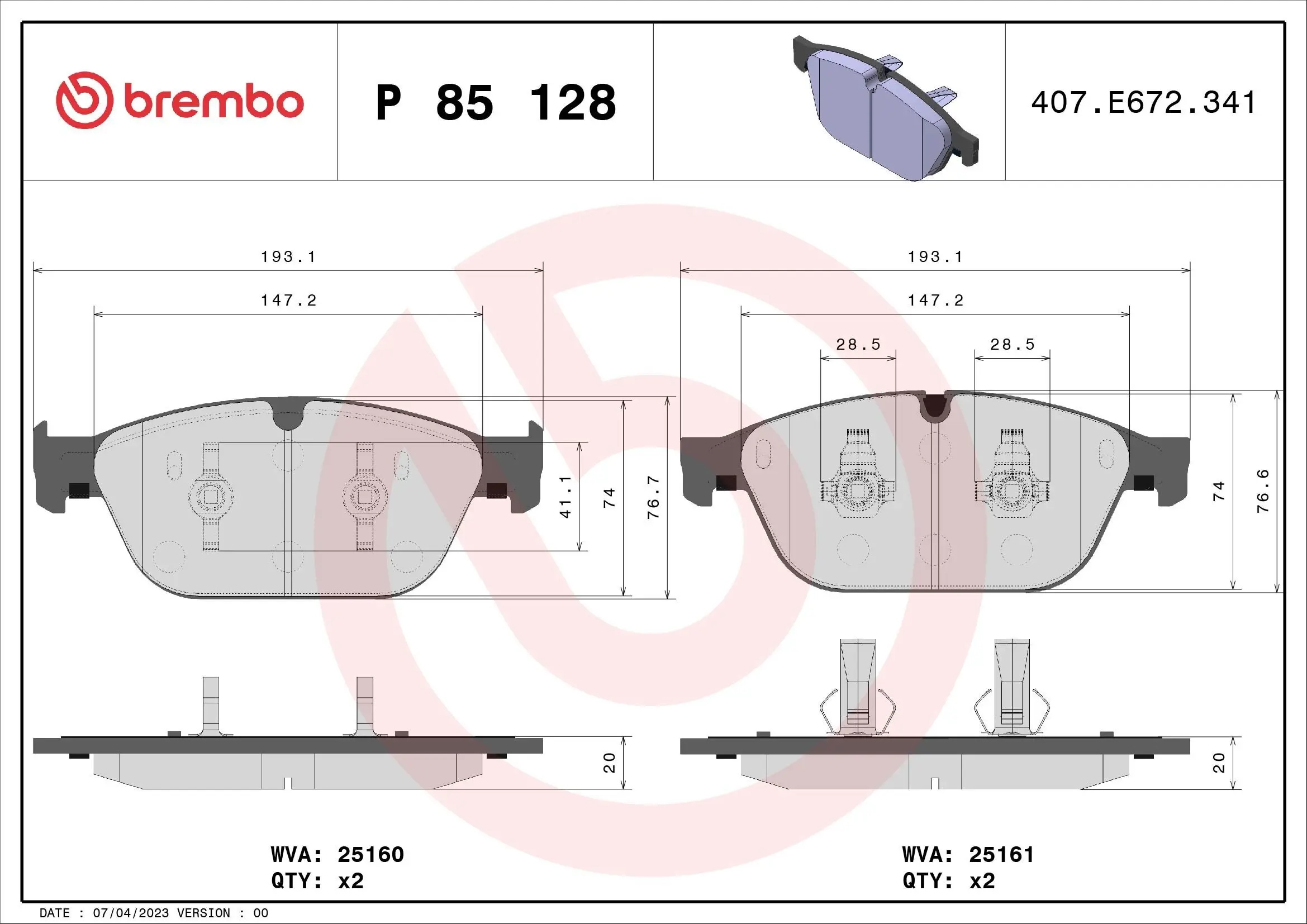 Bremsbelagsatz, Scheibenbremse BREMBO P 85 128 Bild Bremsbelagsatz, Scheibenbremse BREMBO P 85 128