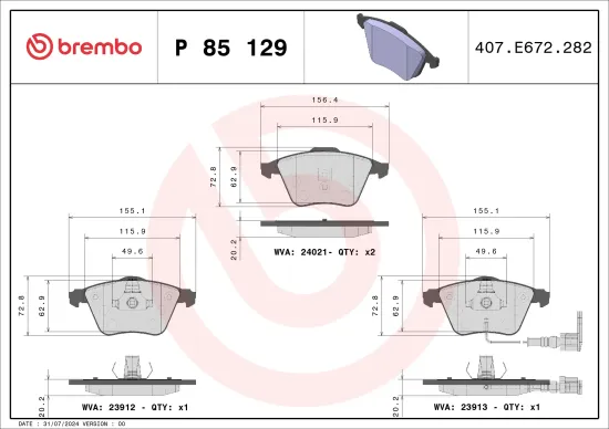 Bremsbelagsatz, Scheibenbremse Vorderachse BREMBO P 85 129 Bild Bremsbelagsatz, Scheibenbremse Vorderachse BREMBO P 85 129