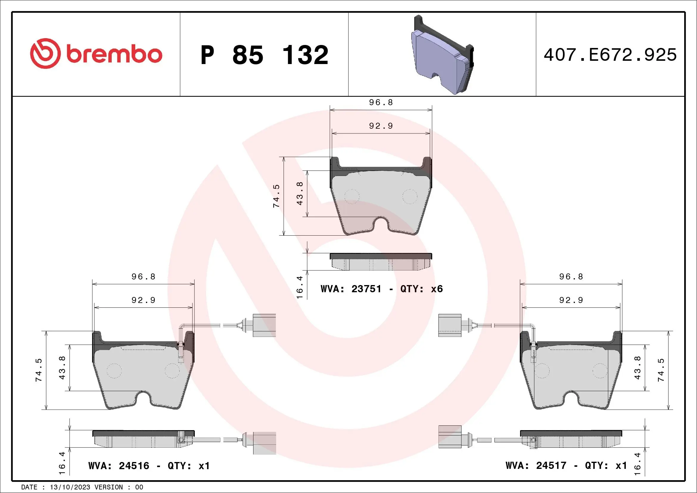 Bremsbelagsatz, Scheibenbremse Vorderachse BREMBO P 85 132