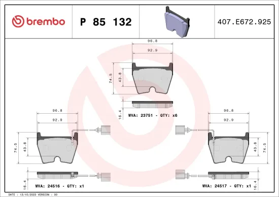 Bremsbelagsatz, Scheibenbremse Vorderachse BREMBO P 85 132 Bild Bremsbelagsatz, Scheibenbremse Vorderachse BREMBO P 85 132