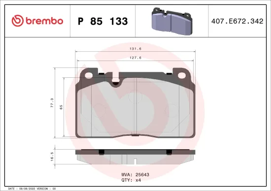 Bremsbelagsatz, Scheibenbremse Vorderachse BREMBO P 85 133 Bild Bremsbelagsatz, Scheibenbremse Vorderachse BREMBO P 85 133