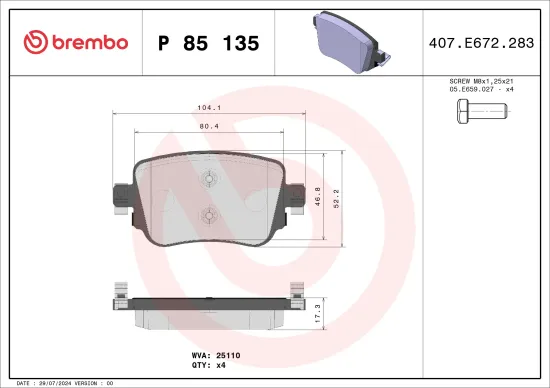 Bremsbelagsatz, Scheibenbremse Hinterachse BREMBO P 85 135 Bild Bremsbelagsatz, Scheibenbremse Hinterachse BREMBO P 85 135