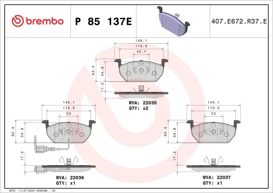 Bremsbelagsatz, Scheibenbremse Vorderachse BREMBO P 85 137E Bild Bremsbelagsatz, Scheibenbremse Vorderachse BREMBO P 85 137E