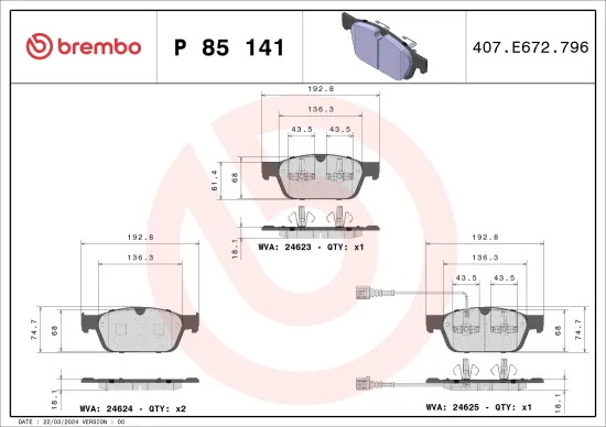 Bremsbelagsatz, Scheibenbremse Vorderachse BREMBO P 85 141 Bild Bremsbelagsatz, Scheibenbremse Vorderachse BREMBO P 85 141