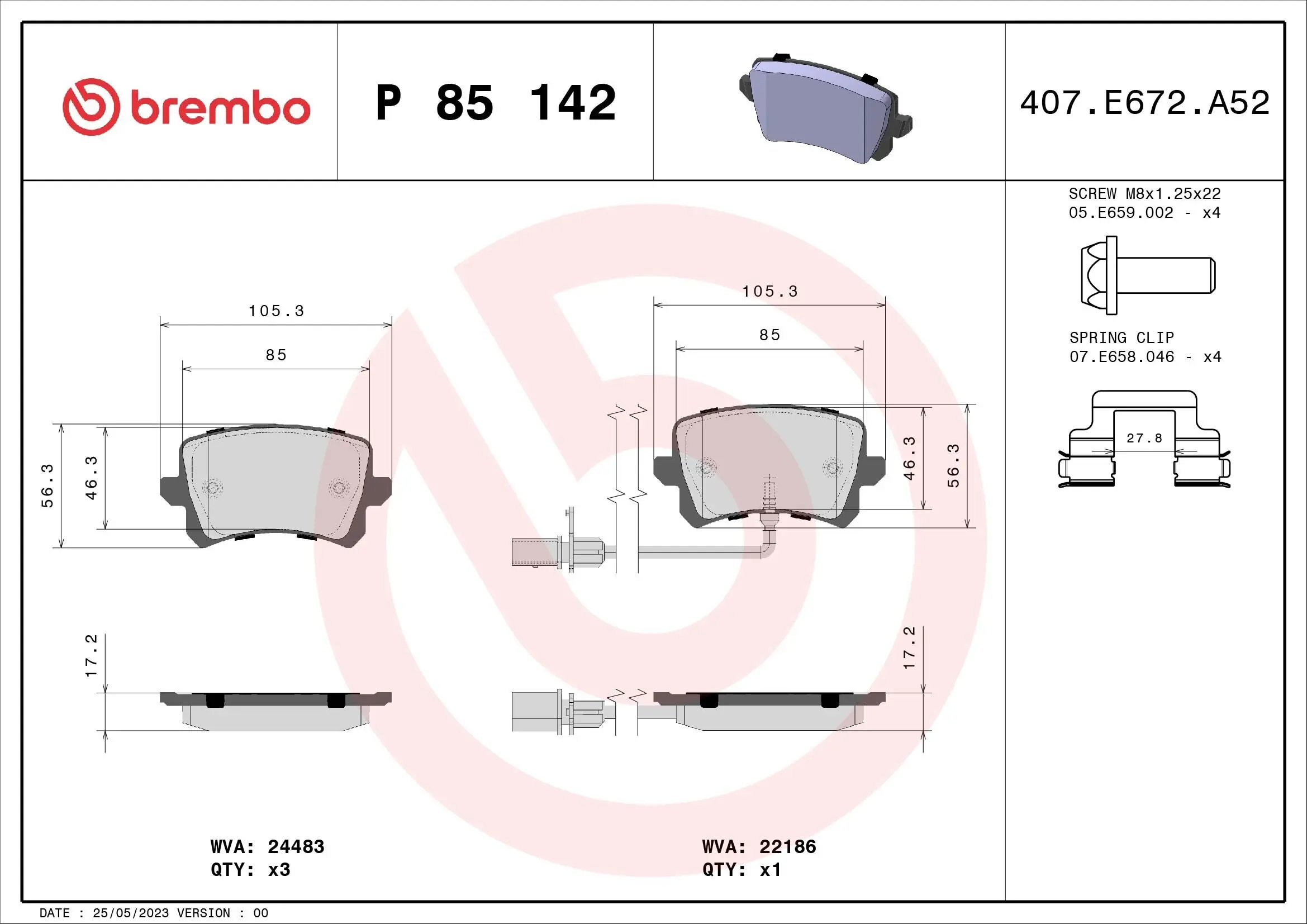 Bremsbelagsatz, Scheibenbremse Hinterachse BREMBO P 85 142
