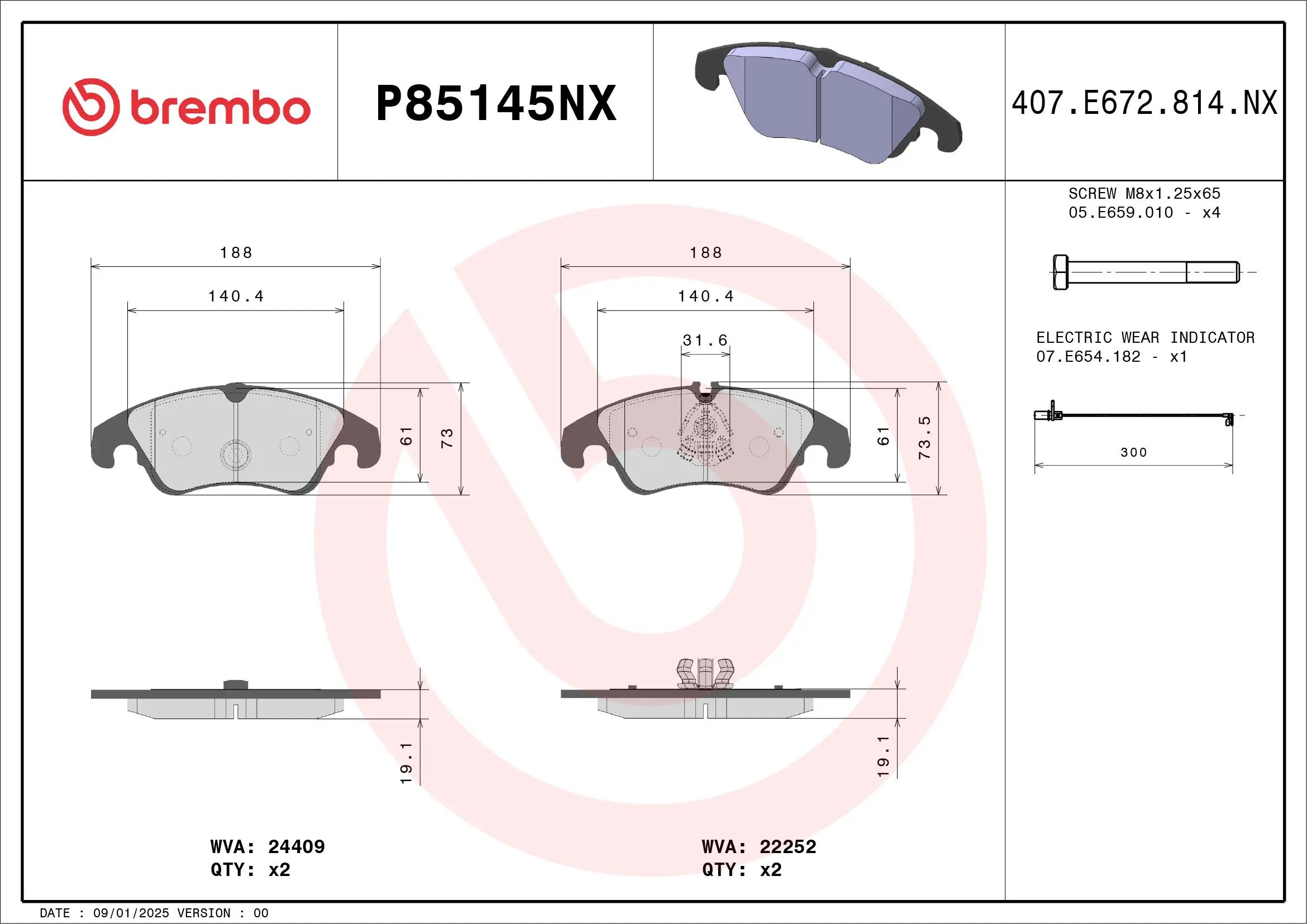 Bremsbelagsatz, Scheibenbremse BREMBO P85145NX