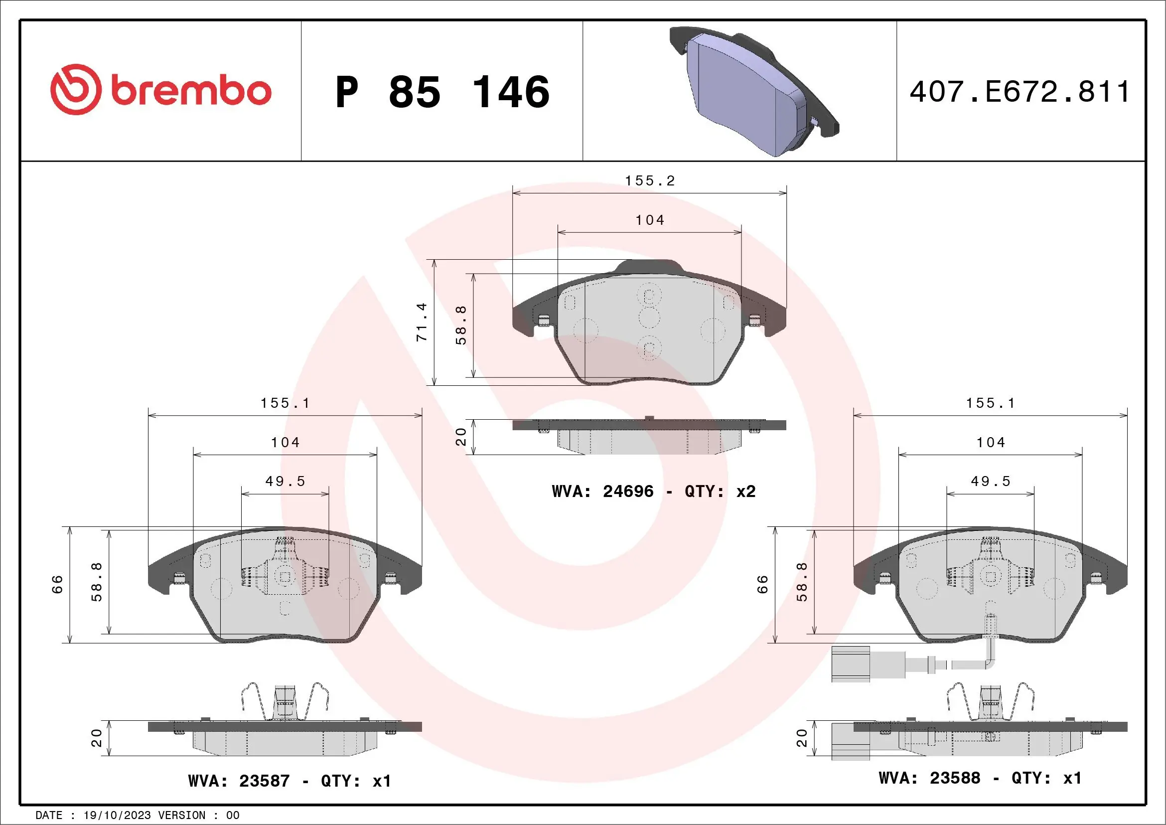 Bremsbelagsatz, Scheibenbremse BREMBO P 85 146X