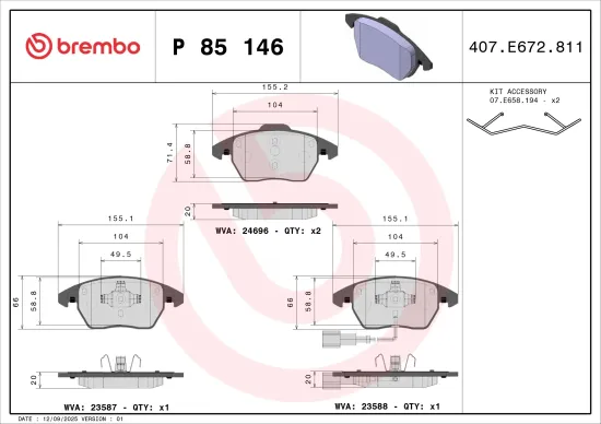 Bremsbelagsatz, Scheibenbremse Vorderachse BREMBO P 85 146 Bild Bremsbelagsatz, Scheibenbremse Vorderachse BREMBO P 85 146