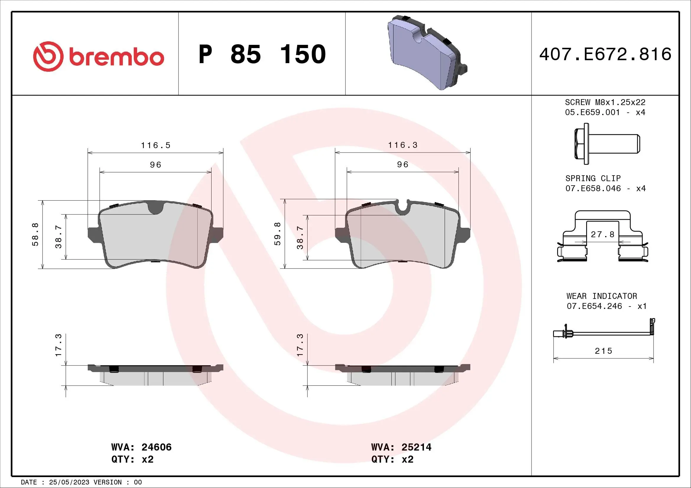 Bremsbelagsatz, Scheibenbremse Hinterachse BREMBO P 85 150X