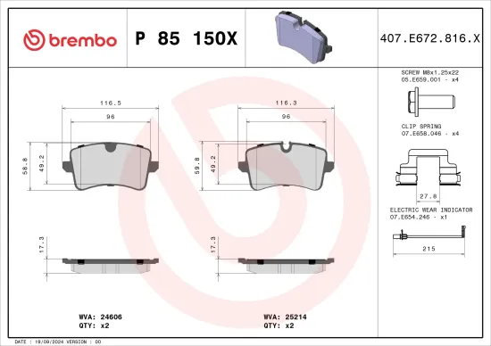 Bremsbelagsatz, Scheibenbremse Hinterachse BREMBO P 85 150X Bild Bremsbelagsatz, Scheibenbremse Hinterachse BREMBO P 85 150X