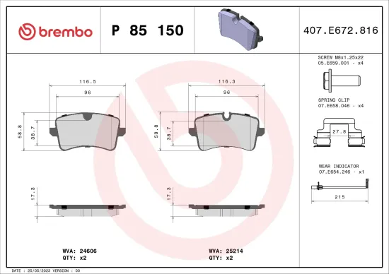 Bremsbelagsatz, Scheibenbremse Hinterachse BREMBO P 85 150X Bild Bremsbelagsatz, Scheibenbremse Hinterachse BREMBO P 85 150X