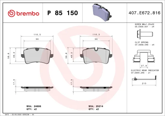 Bremsbelagsatz, Scheibenbremse Hinterachse BREMBO P 85 150 Bild Bremsbelagsatz, Scheibenbremse Hinterachse BREMBO P 85 150