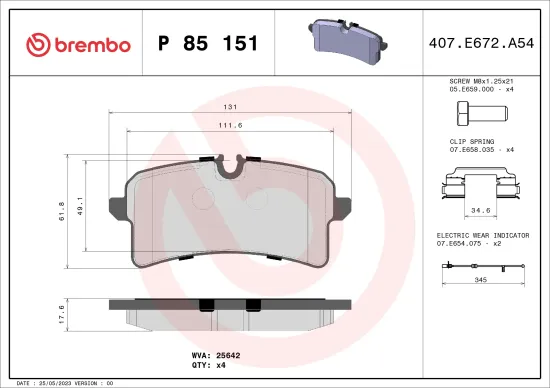 Bremsbelagsatz, Scheibenbremse Hinterachse BREMBO P 85 151 Bild Bremsbelagsatz, Scheibenbremse Hinterachse BREMBO P 85 151