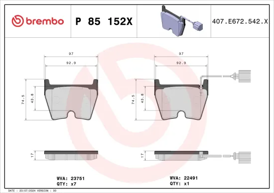 Bremsbelagsatz, Scheibenbremse Vorderachse BREMBO P 85 152X Bild Bremsbelagsatz, Scheibenbremse Vorderachse BREMBO P 85 152X