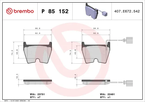 Bremsbelagsatz, Scheibenbremse Vorderachse BREMBO P 85 152 Bild Bremsbelagsatz, Scheibenbremse Vorderachse BREMBO P 85 152