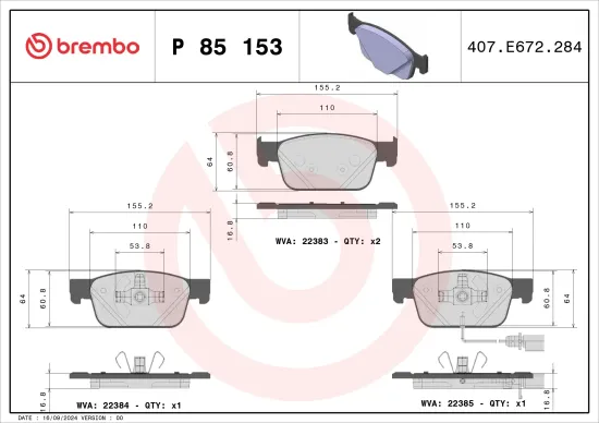 Bremsbelagsatz, Scheibenbremse BREMBO P 85 153 Bild Bremsbelagsatz, Scheibenbremse BREMBO P 85 153