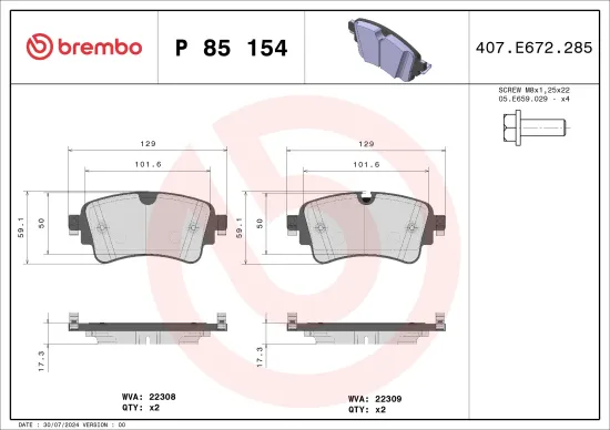 Bremsbelagsatz, Scheibenbremse Hinterachse BREMBO P 85 154 Bild Bremsbelagsatz, Scheibenbremse Hinterachse BREMBO P 85 154