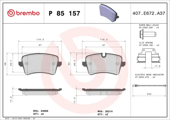 Bremsbelagsatz, Scheibenbremse Hinterachse BREMBO P 85 157 Bild Bremsbelagsatz, Scheibenbremse Hinterachse BREMBO P 85 157
