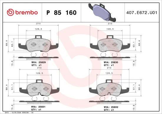 Bremsbelagsatz, Scheibenbremse Vorderachse BREMBO P 85 160 Bild Bremsbelagsatz, Scheibenbremse Vorderachse BREMBO P 85 160