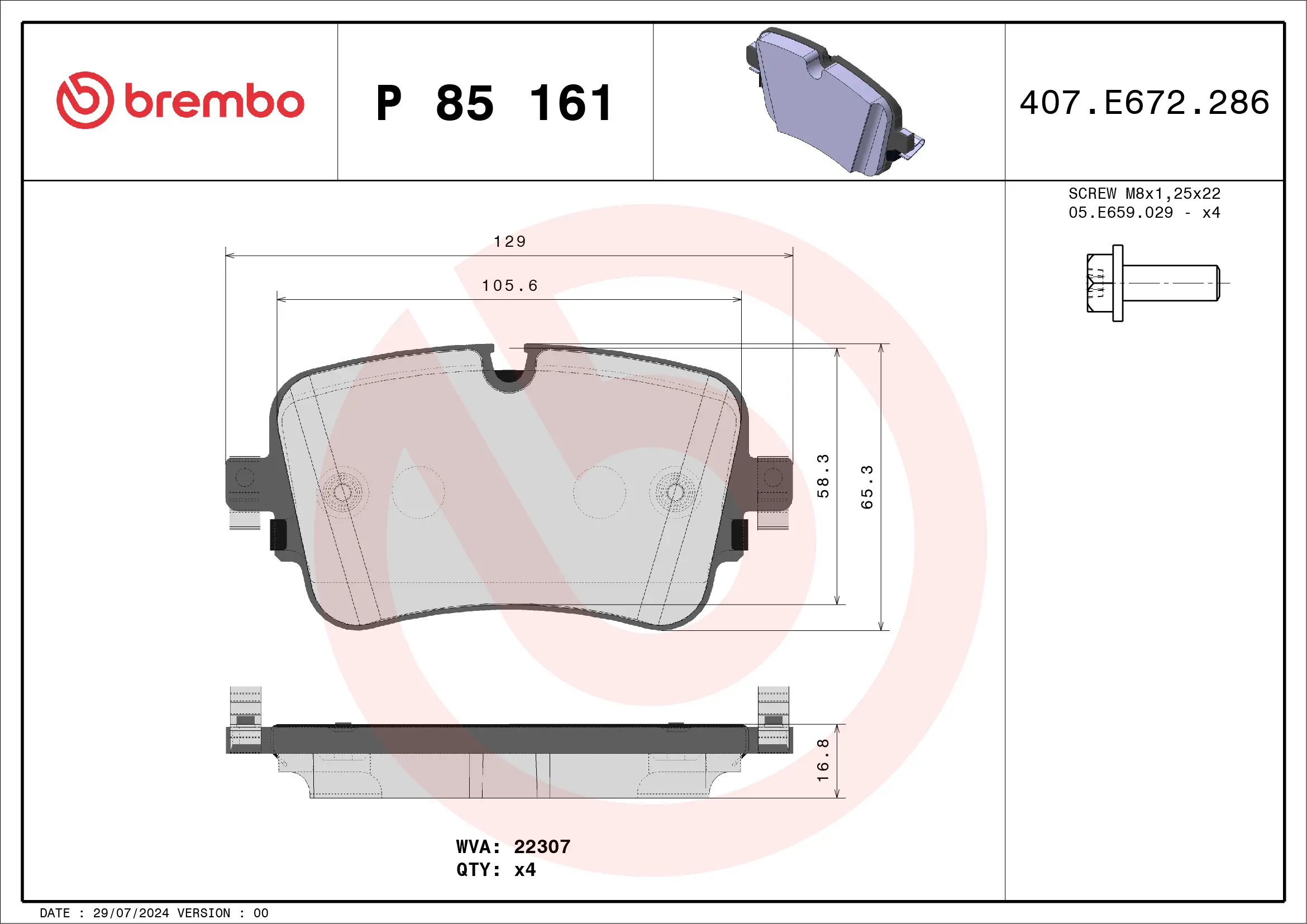 Bremsbelagsatz, Scheibenbremse Hinterachse BREMBO P 85 161