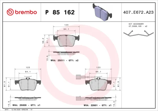 Bremsbelagsatz, Scheibenbremse Hinterachse BREMBO P 85 162 Bild Bremsbelagsatz, Scheibenbremse Hinterachse BREMBO P 85 162