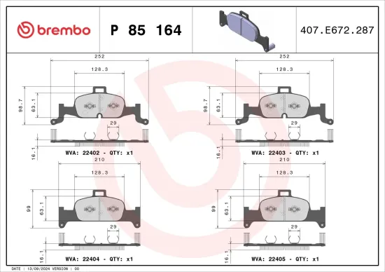 Bremsbelagsatz, Scheibenbremse Vorderachse BREMBO P 85 164 Bild Bremsbelagsatz, Scheibenbremse Vorderachse BREMBO P 85 164