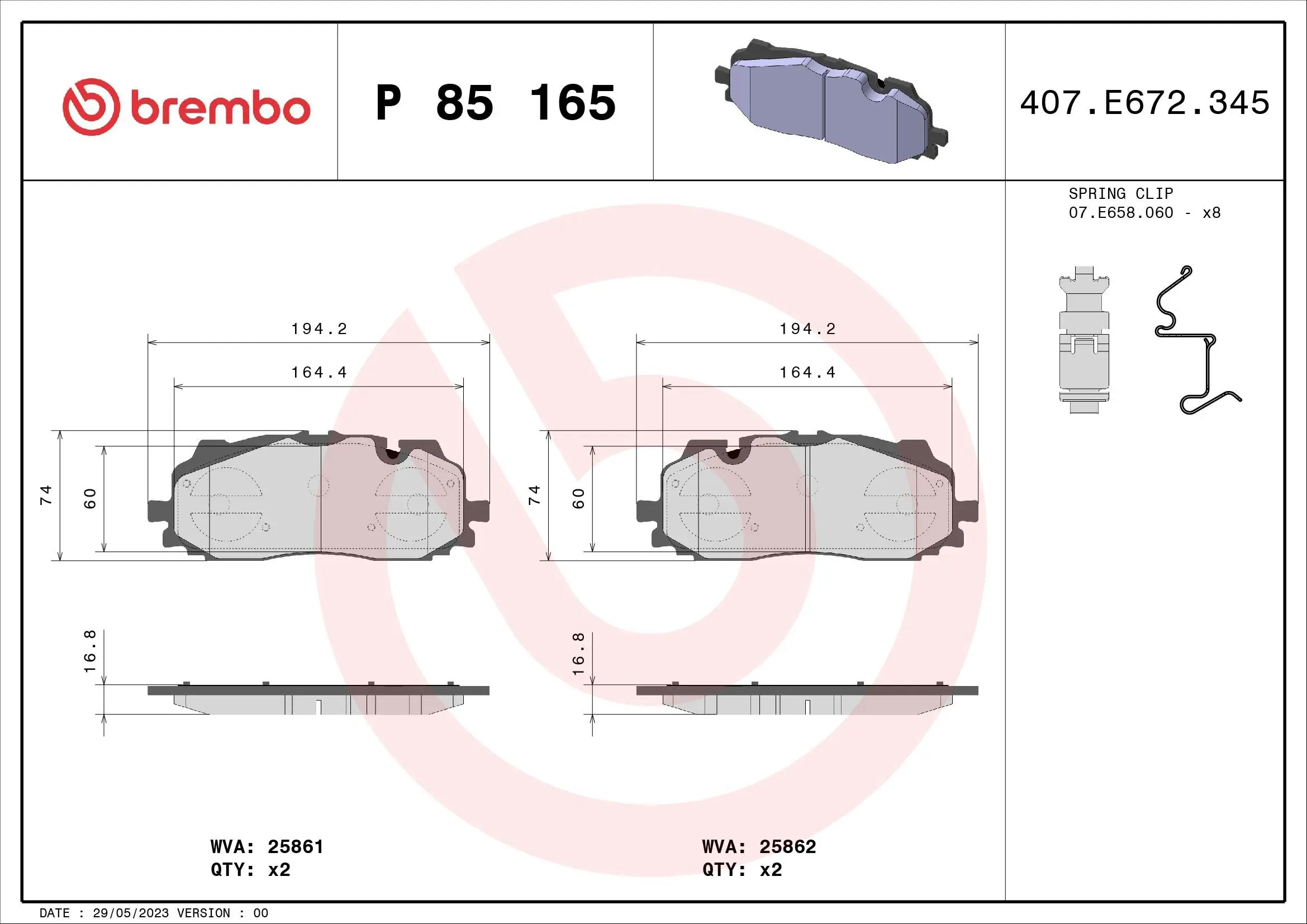 Bremsbelagsatz, Scheibenbremse BREMBO P 85 165X