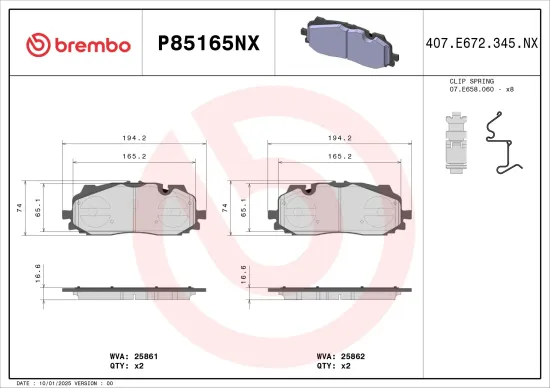 Bremsbelagsatz, Scheibenbremse BREMBO P85165NX Bild Bremsbelagsatz, Scheibenbremse BREMBO P85165NX