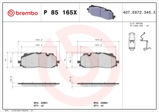 Bremsbelagsatz, Scheibenbremse BREMBO P 85 165X Bild Bremsbelagsatz, Scheibenbremse BREMBO P 85 165X