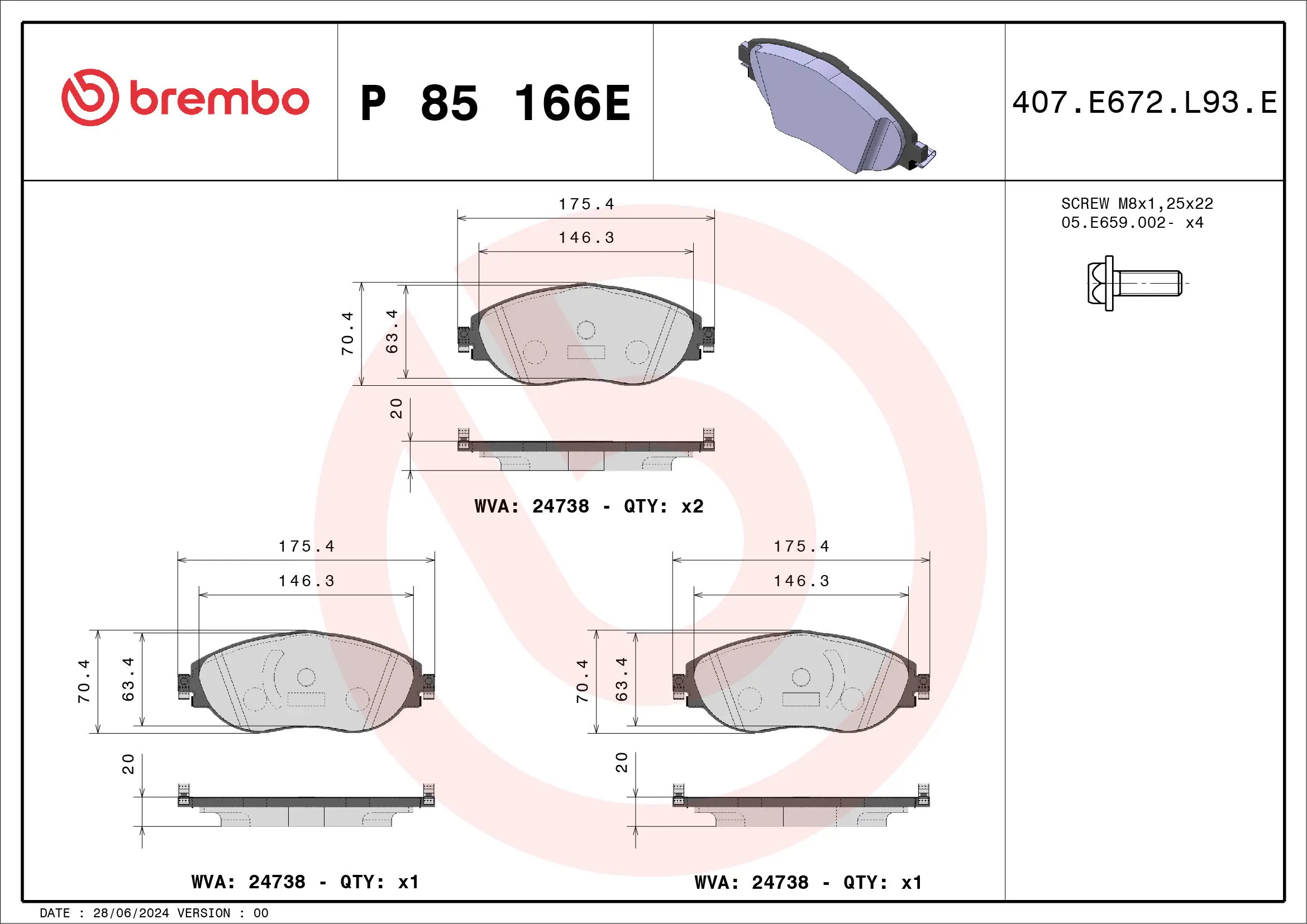Bremsbelagsatz, Scheibenbremse Vorderachse BREMBO P 85 166E