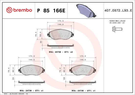 Bremsbelagsatz, Scheibenbremse Vorderachse BREMBO P 85 166E Bild Bremsbelagsatz, Scheibenbremse Vorderachse BREMBO P 85 166E