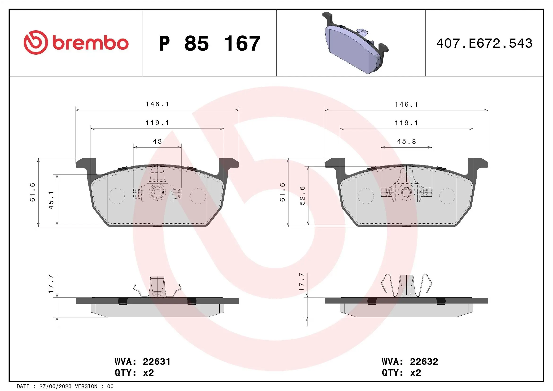 Bremsbelagsatz, Scheibenbremse BREMBO P 85 167