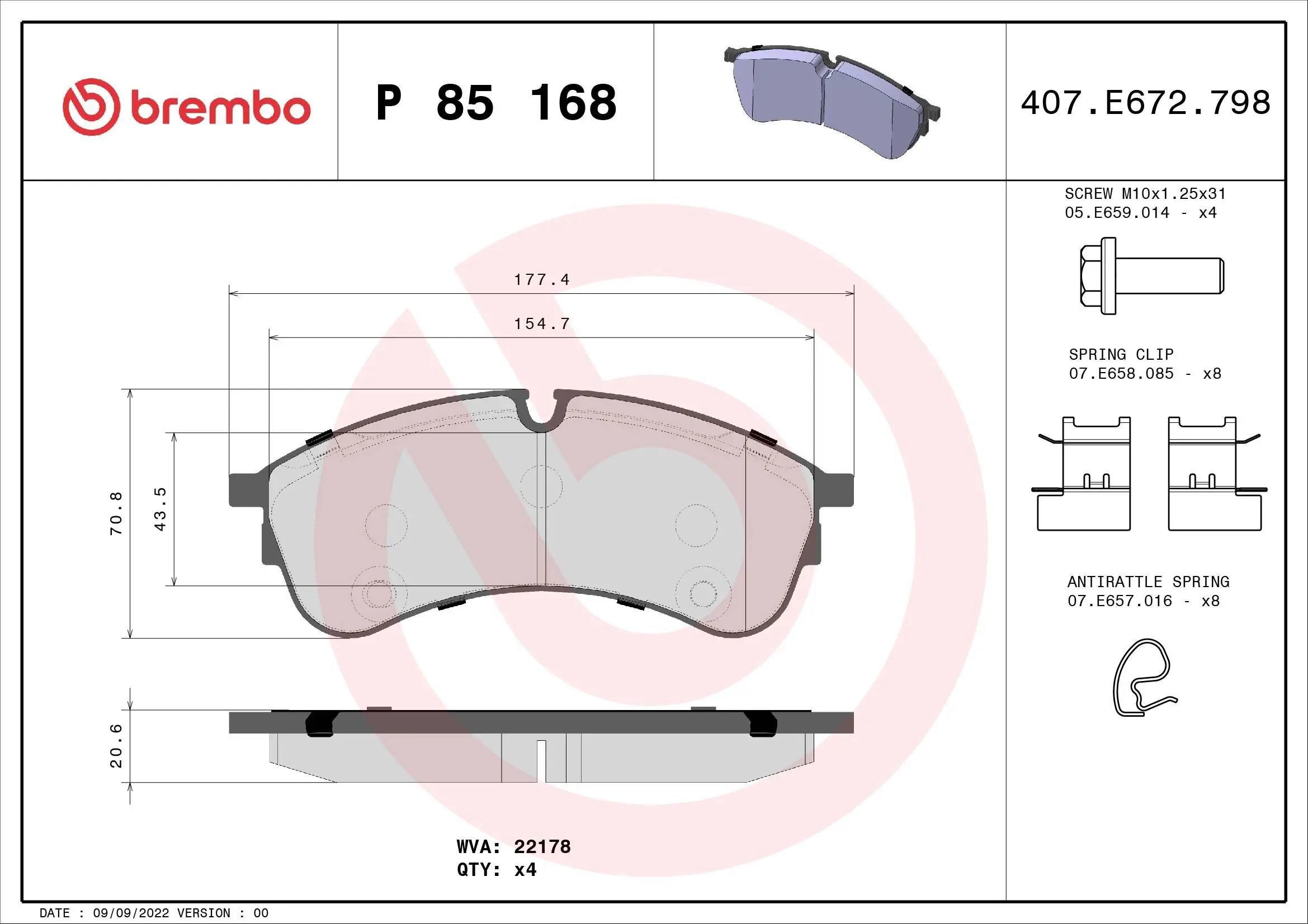 Bremsbelagsatz, Scheibenbremse Vorderachse BREMBO P 85 168