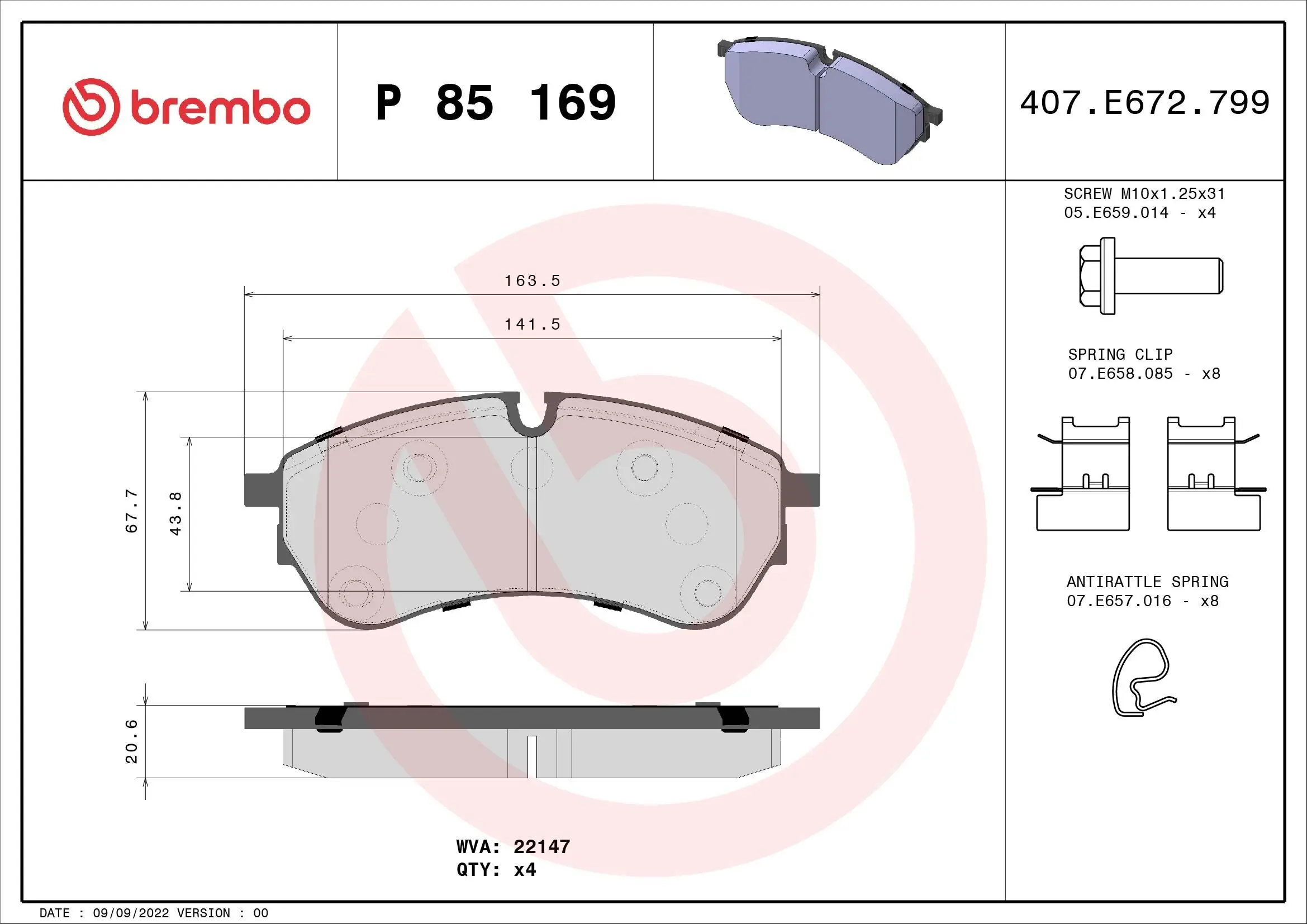 Bremsbelagsatz, Scheibenbremse BREMBO P 85 169