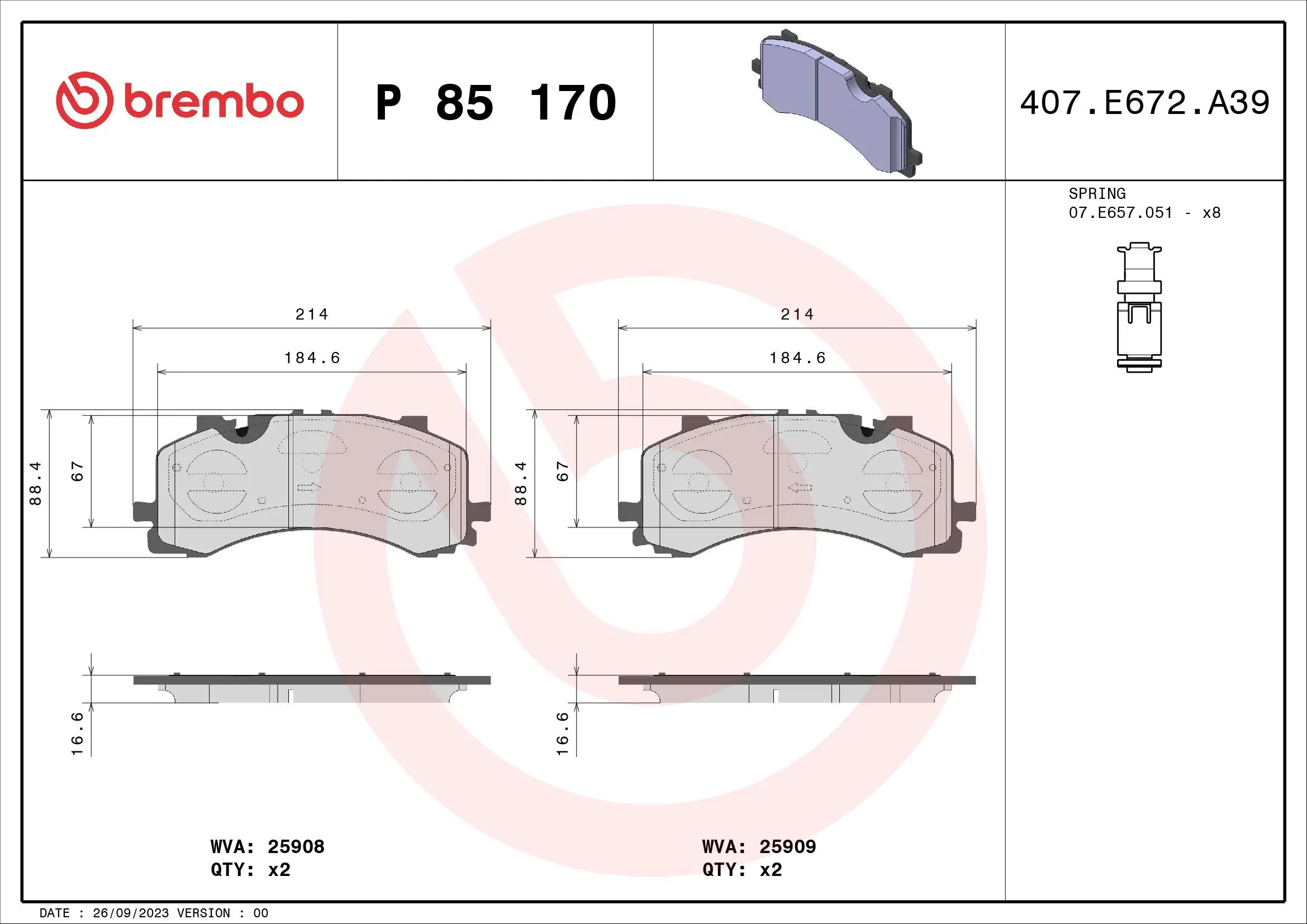 Bremsbelagsatz, Scheibenbremse BREMBO P 85 170